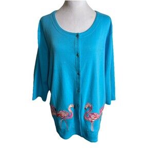 Quacker Factory Blue Jacket Flamingos Beaded Embroidered Rhinestones Size XL